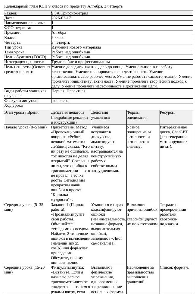 КСП Алгебра 9 класс 3 четверть Работа над ошибками docx