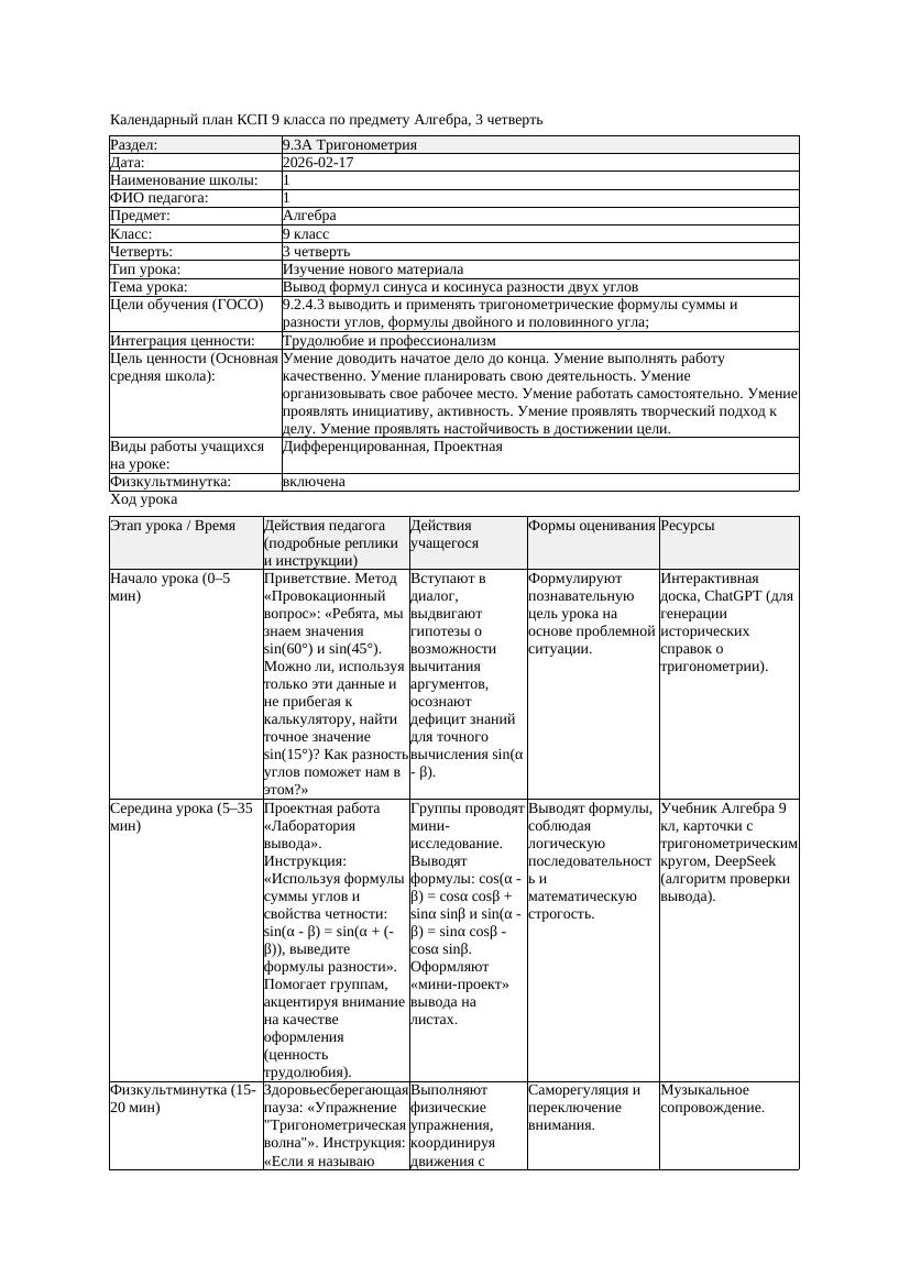 КСП Алгебра 9класс 3 четверть Вывод формул синуса и косинуса разности