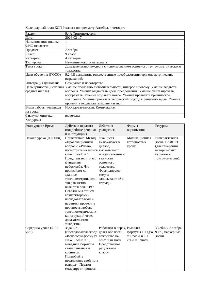 КСП Алгебра 9класс 4 четверть Доказательство тождеств с использованием