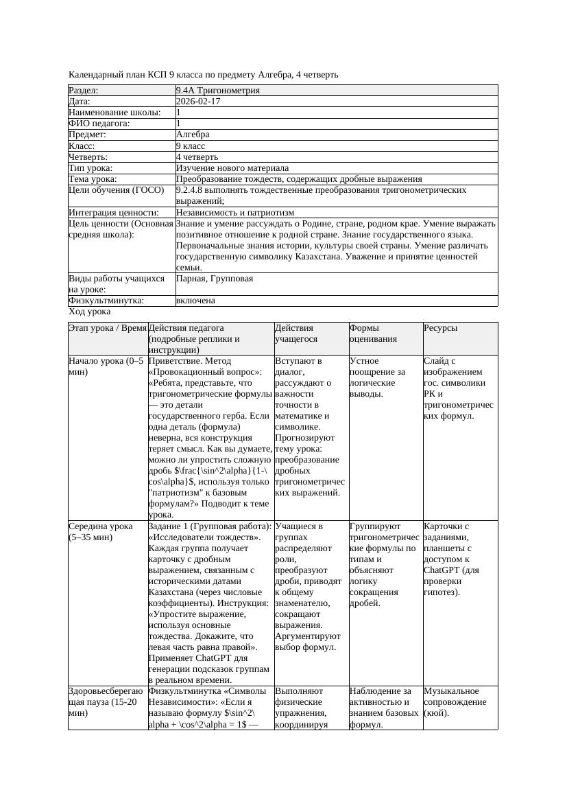 КСП Алгебра 9класс 4 четверть Преобразование тождеств содержащих