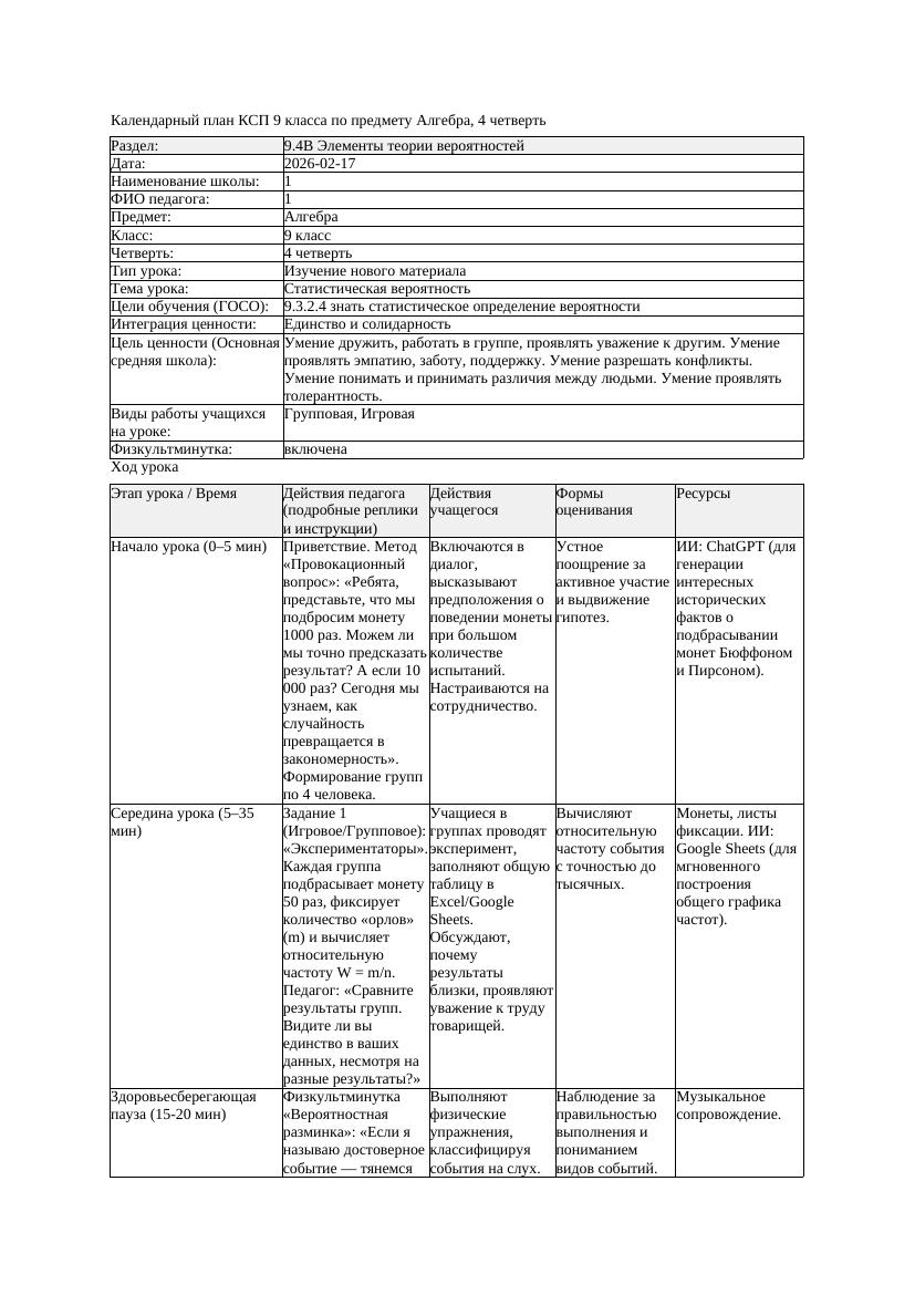 КСП Алгебра 9класс 4 четверть Статистическая вероятность 20260217