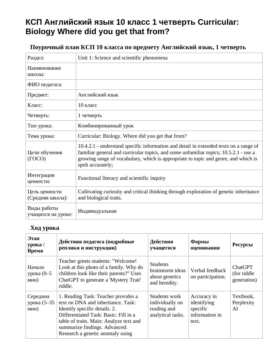 КСП Английский язык 10 класс 1 четверть Curricular: Biology Where did you get that from?