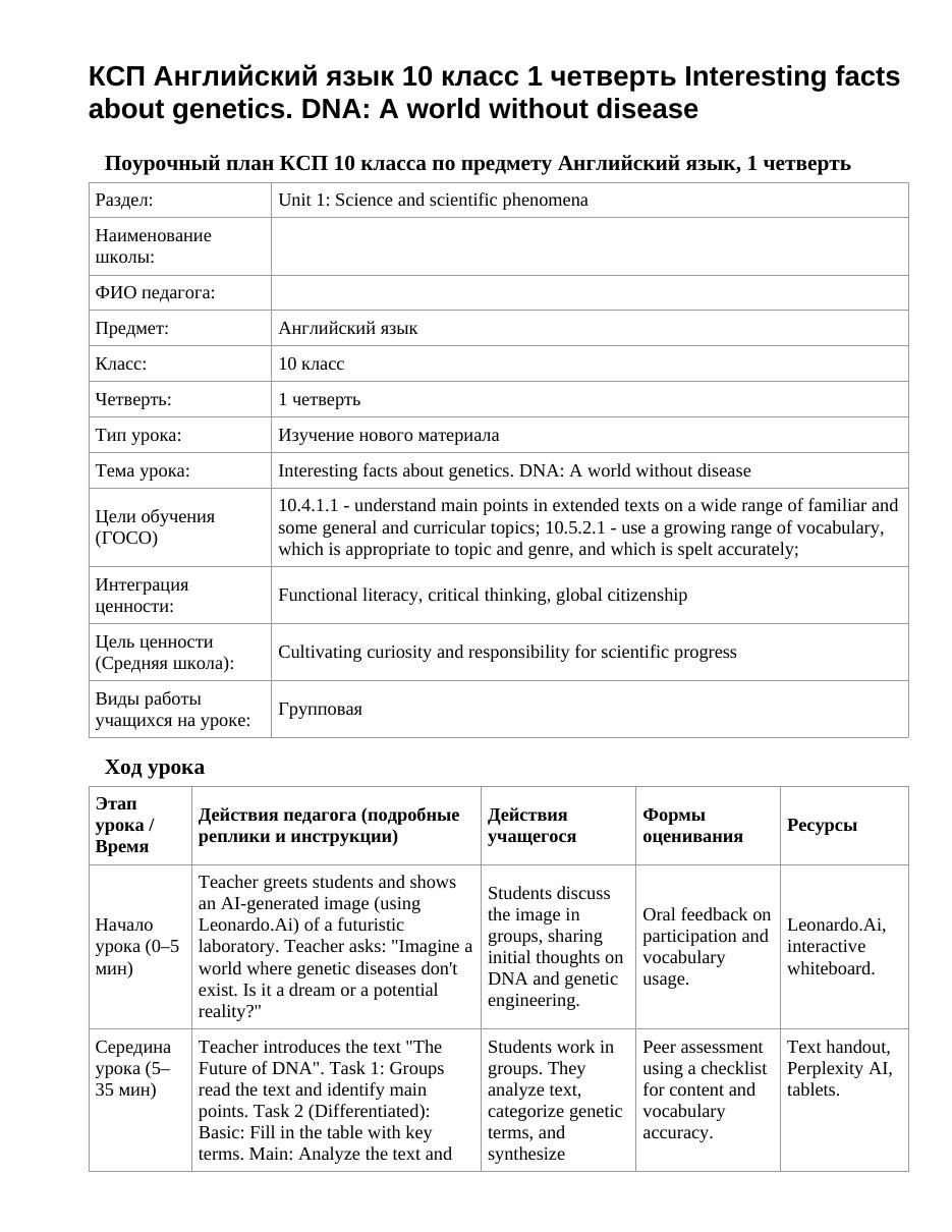 КСП Английский язык 10 класс 1 четверть Interesting facts about genetics. DNA: A world without disease