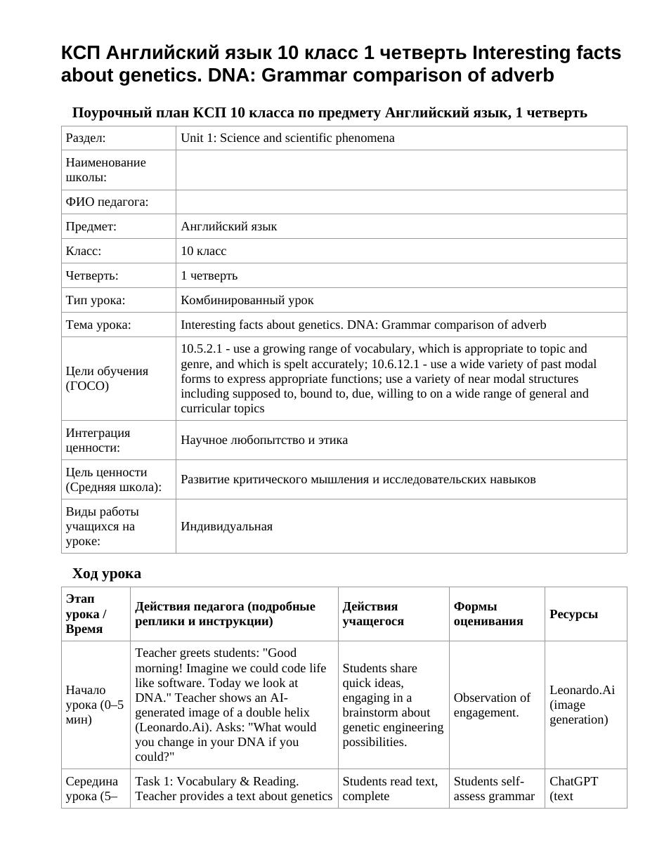 КСП Английский язык 10 класс 1 четверть Interesting facts about genetics. DNA: Grammar comparison of adverb
