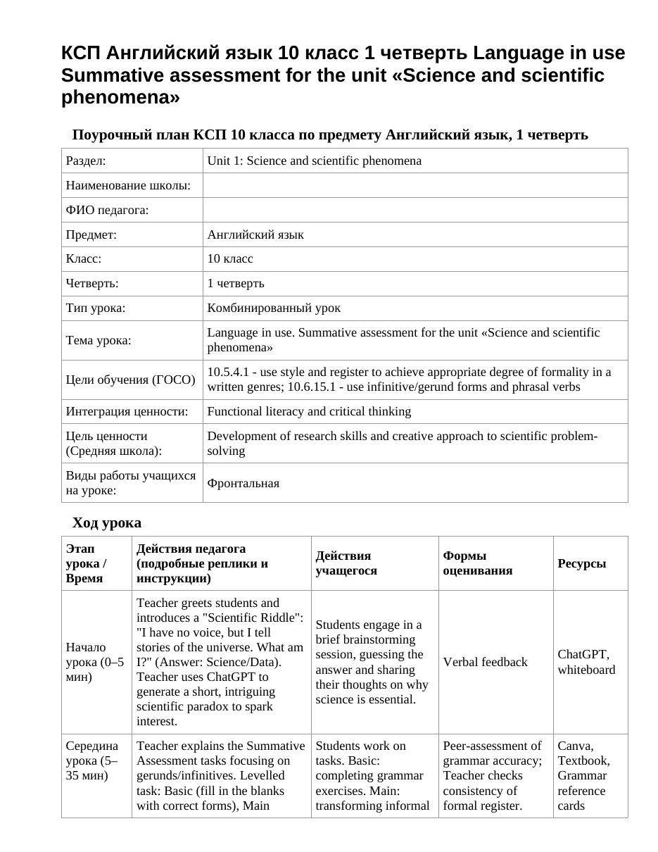КСП Английский язык 10 класс 1 четверть Language in use Summative assessment for the unit «Science and scientific phenomena»