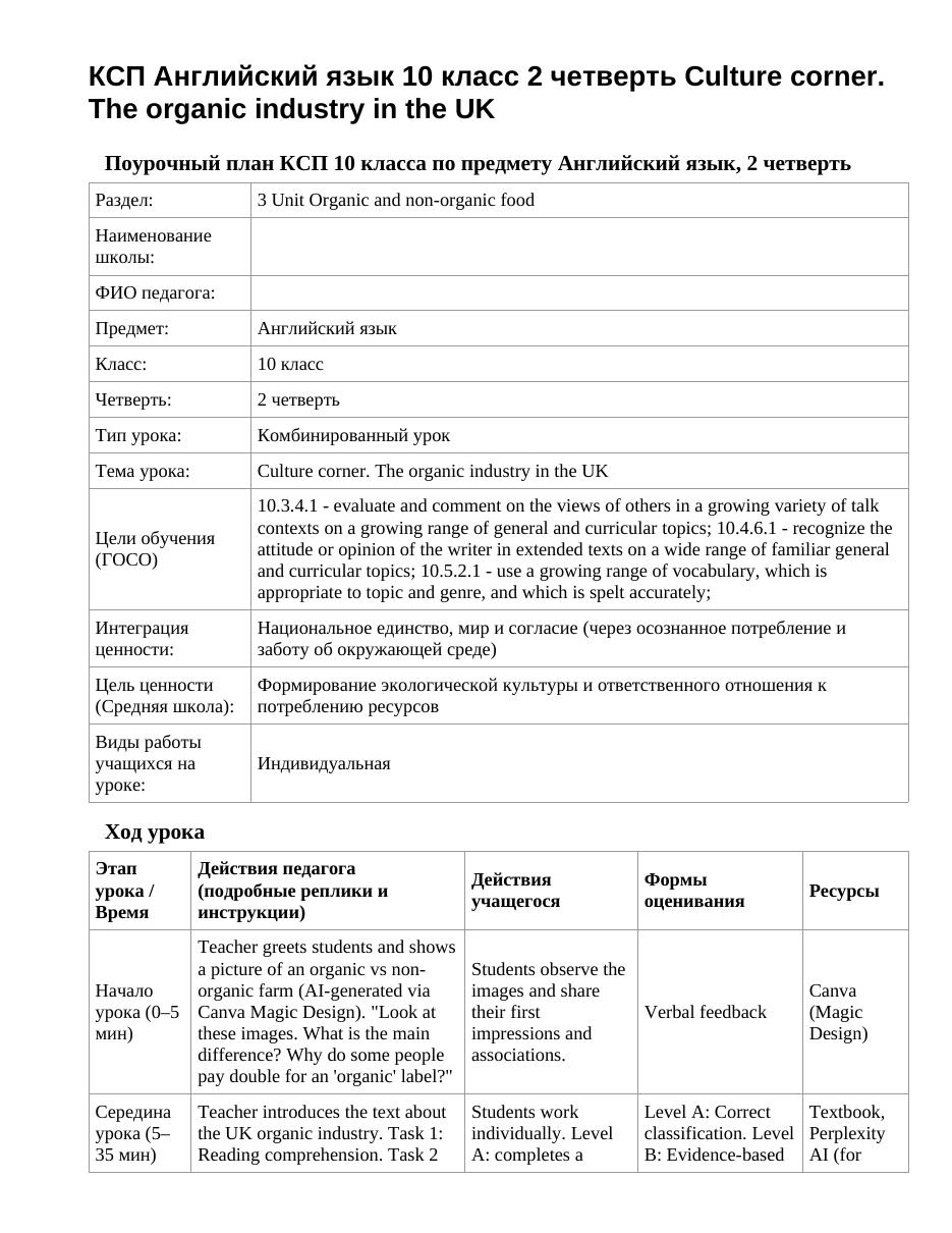 КСП Английский язык 10 класс 2 четверть Culture corner. The organic industry in the UK