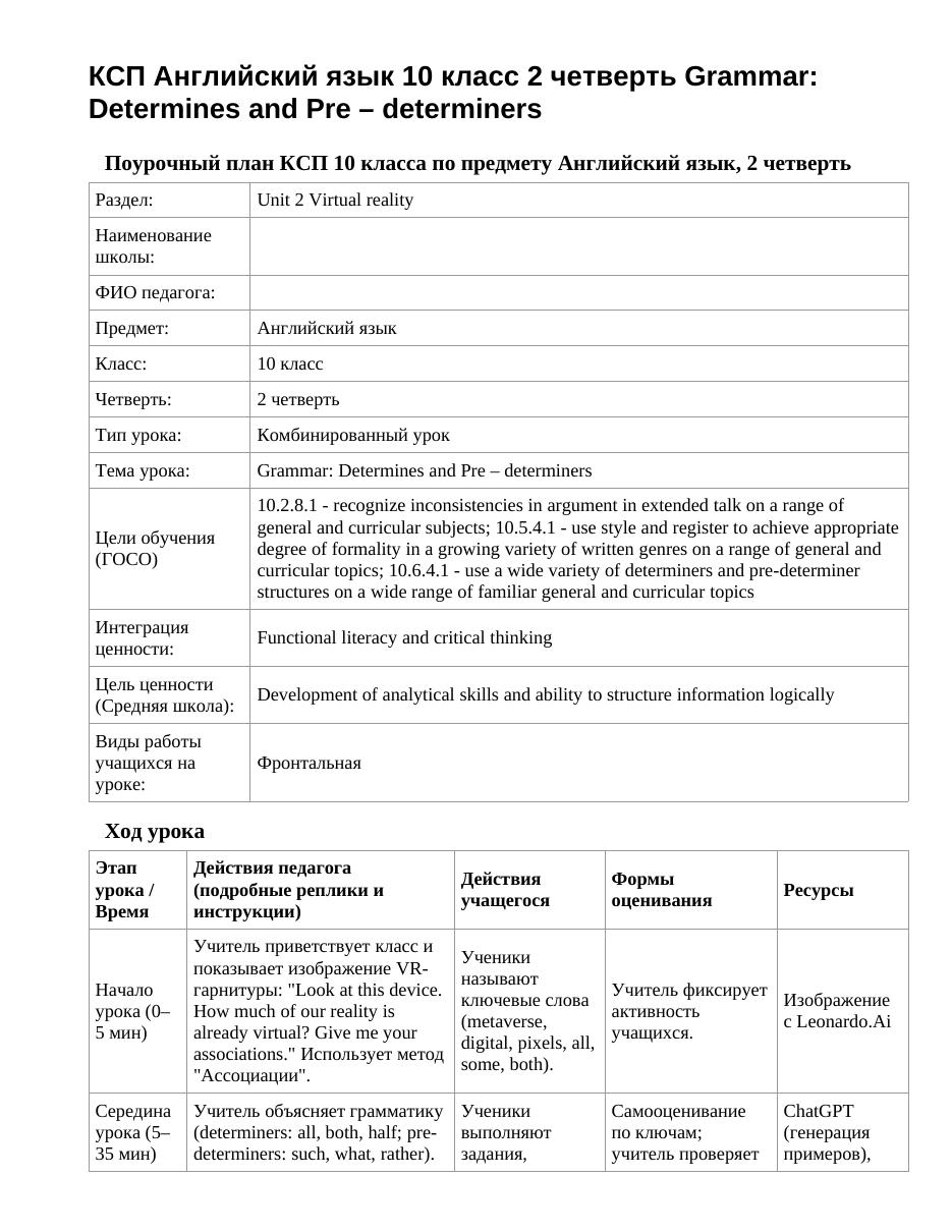КСП Английский язык 10 класс 2 четверть Grammar: Determines and Pre – determiners