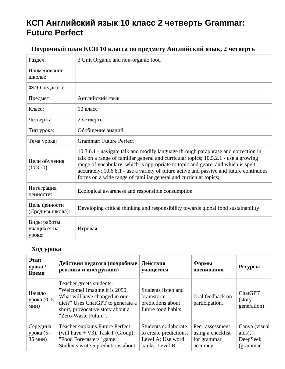 КСП Английский язык 10 класс 2 четверть Grammar: Future Perfect