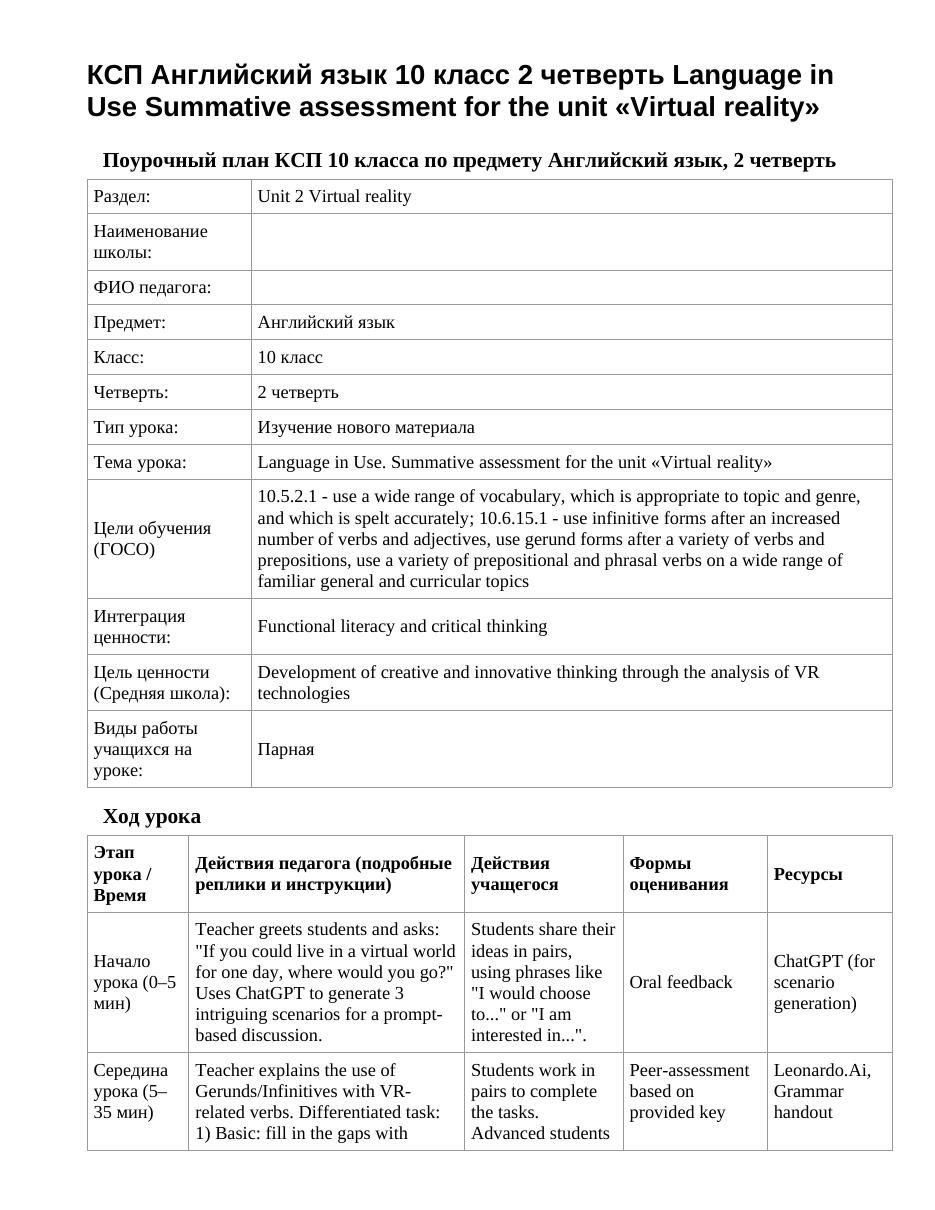 КСП Английский язык 10 класс 2 четверть Language in Use Summative assessment for the unit «Virtual reality»