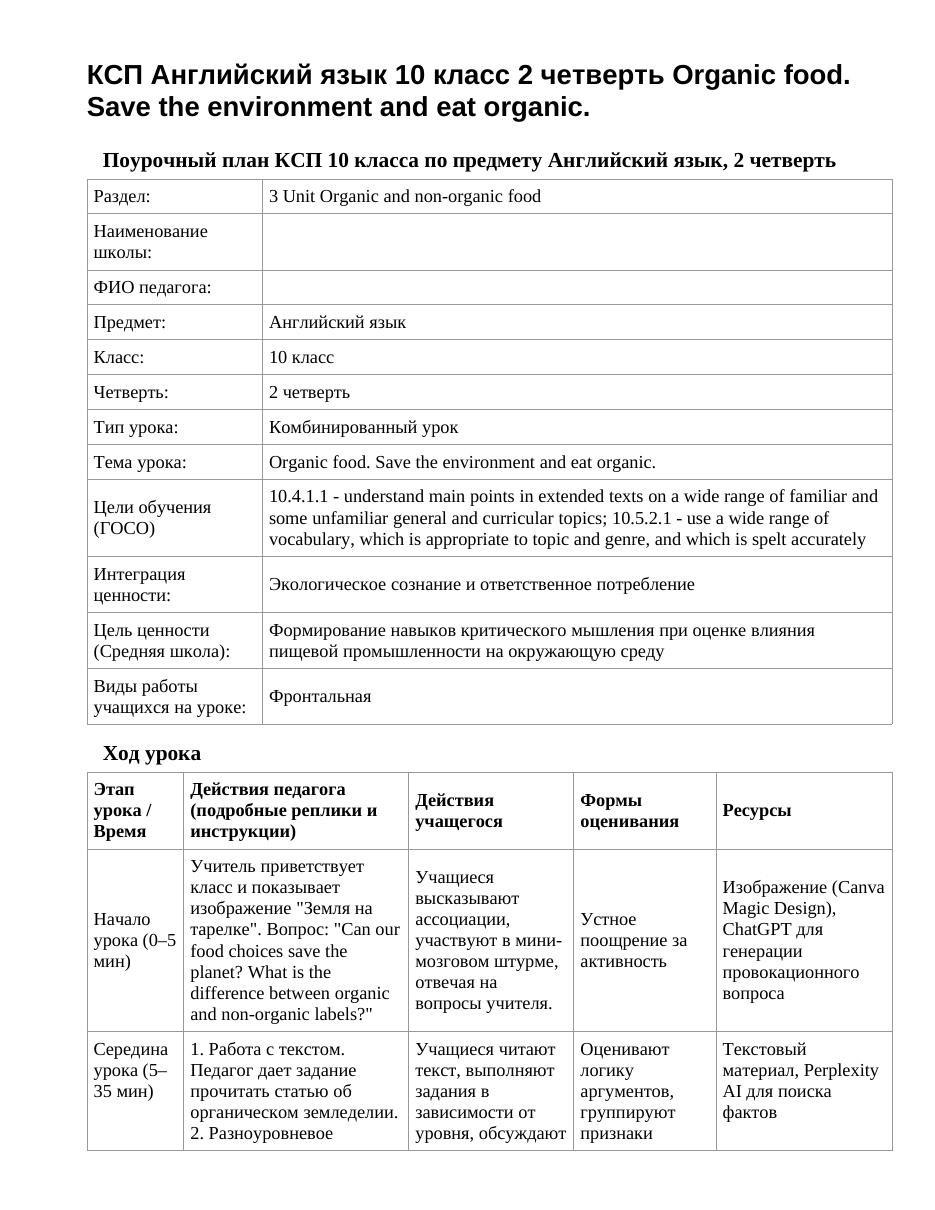 КСП Английский язык 10 класс 2 четверть Organic food. Save the environment and eat organic.