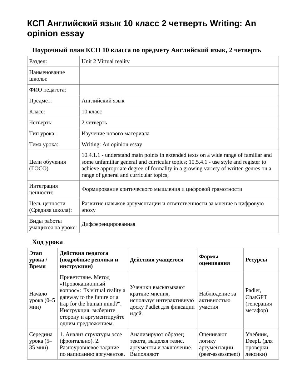 КСП Английский язык 10 класс 2 четверть Writing: An opinion essay