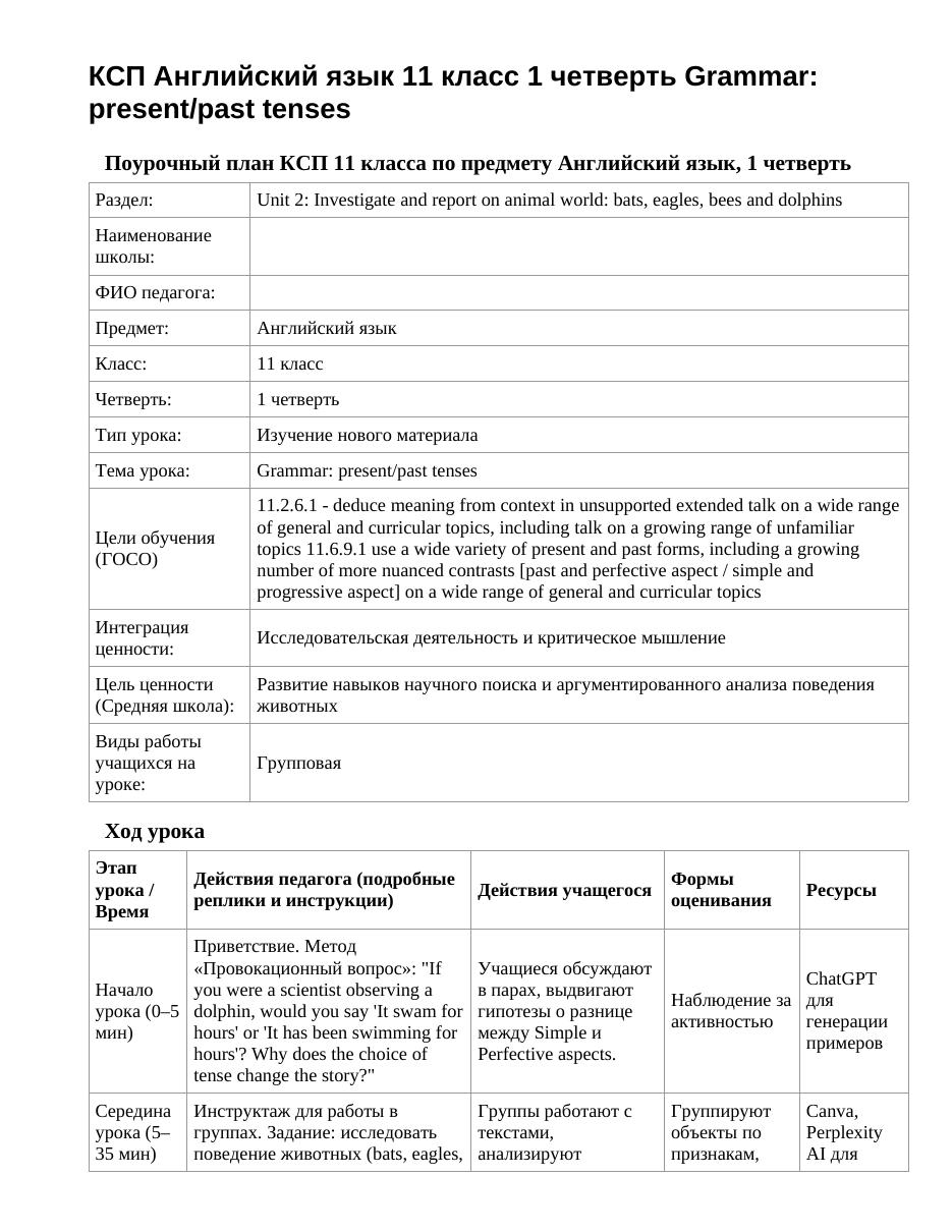 КСП Английский язык 11 класс 1 четверть Grammar: present/past tenses