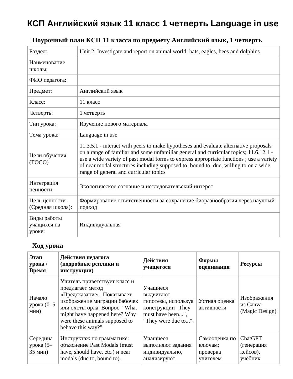 КСП Английский язык 11 класс 1 четверть Language in use