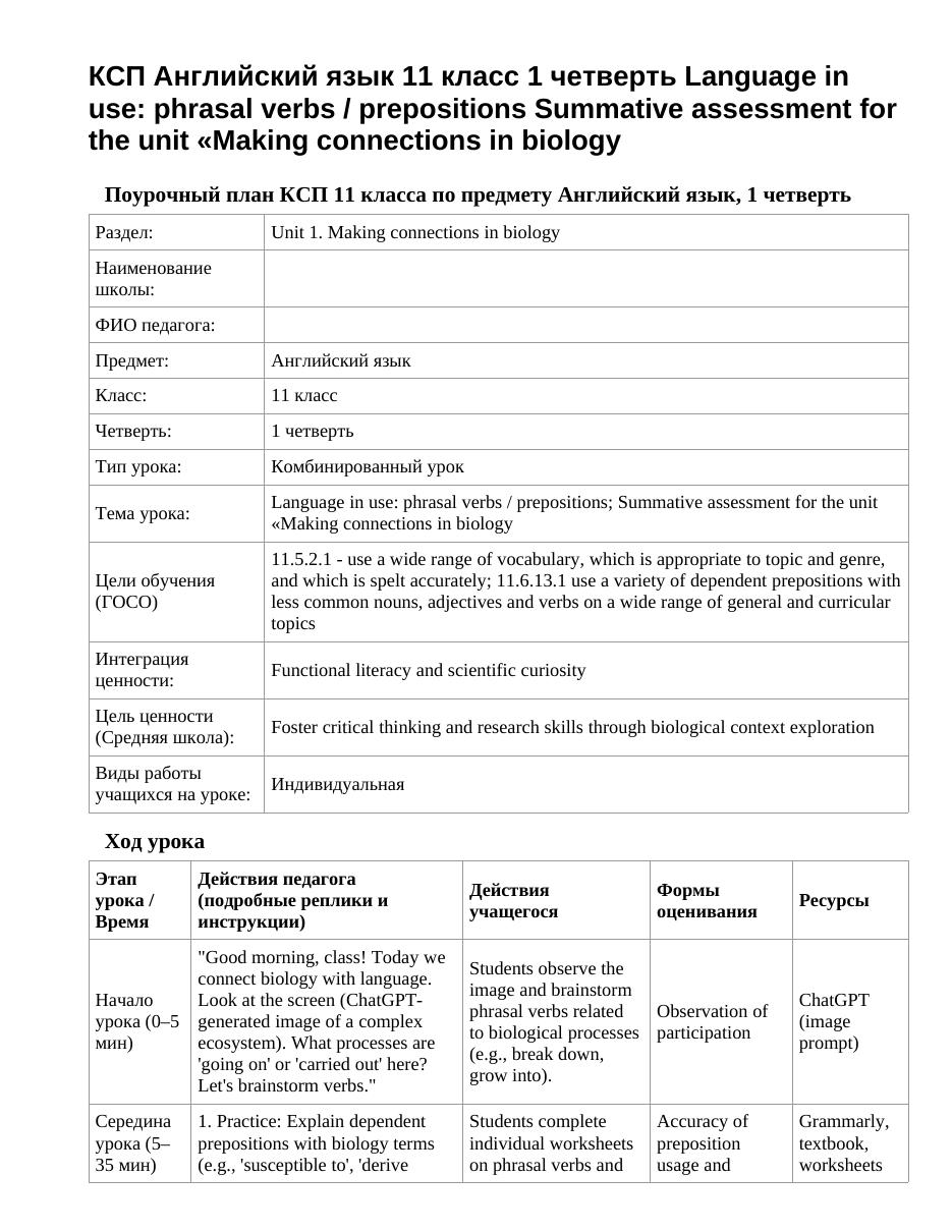 КСП Английский язык 11 класс 1 четверть Language in use: phrasal verbs / prepositions Summative assessment for the unit «Making connections in biology