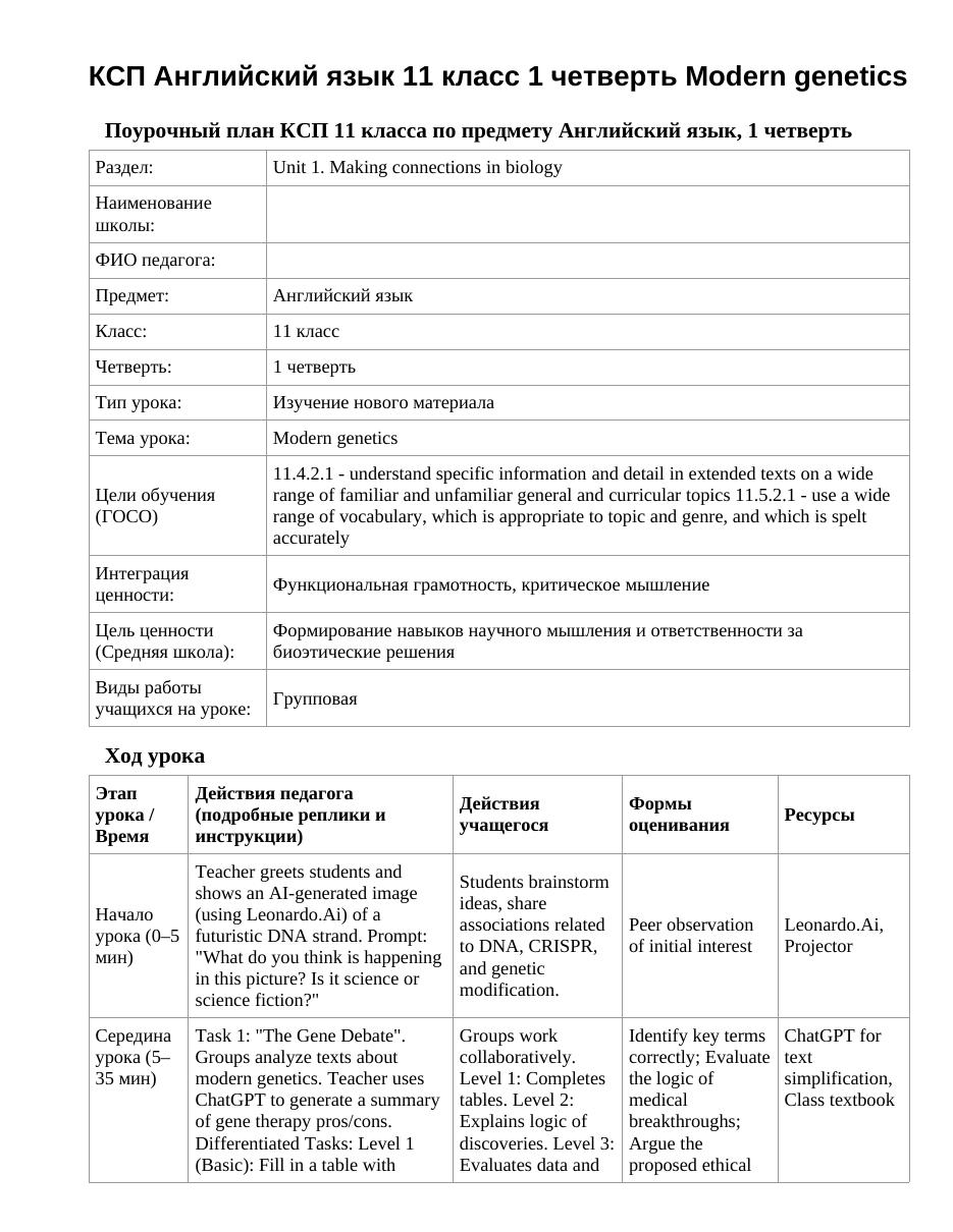 КСП Английский язык 11 класс 1 четверть Modern genetics