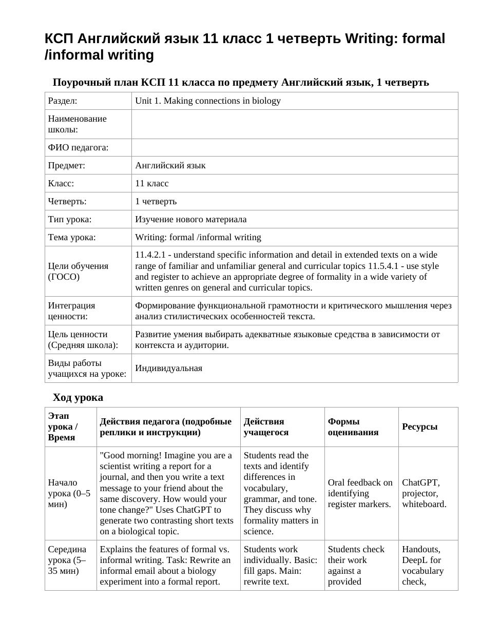 КСП Английский язык 11 класс 1 четверть Writing: formal /informal writing