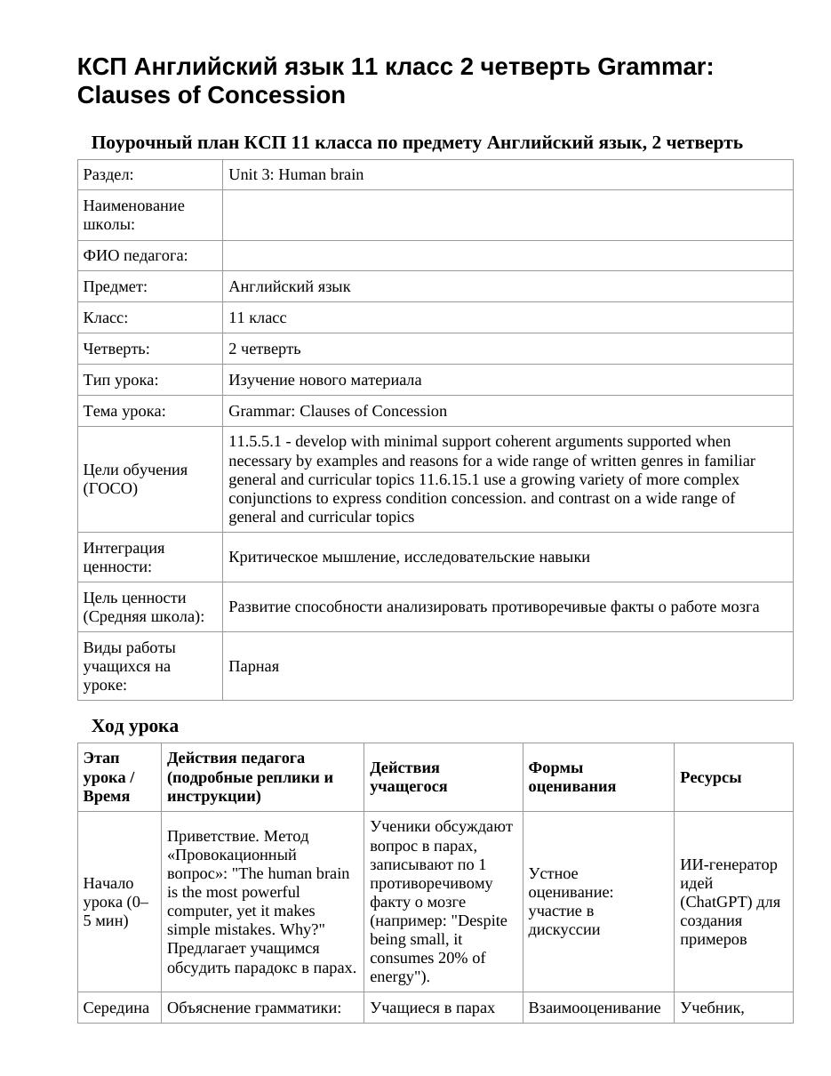 КСП Английский язык 11 класс 2 четверть Grammar: Clauses of Concession