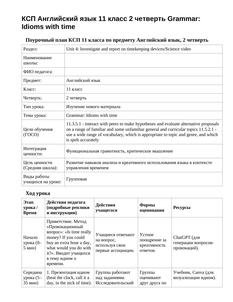 КСП Английский язык 11 класс 2 четверть Grammar: Idioms with time