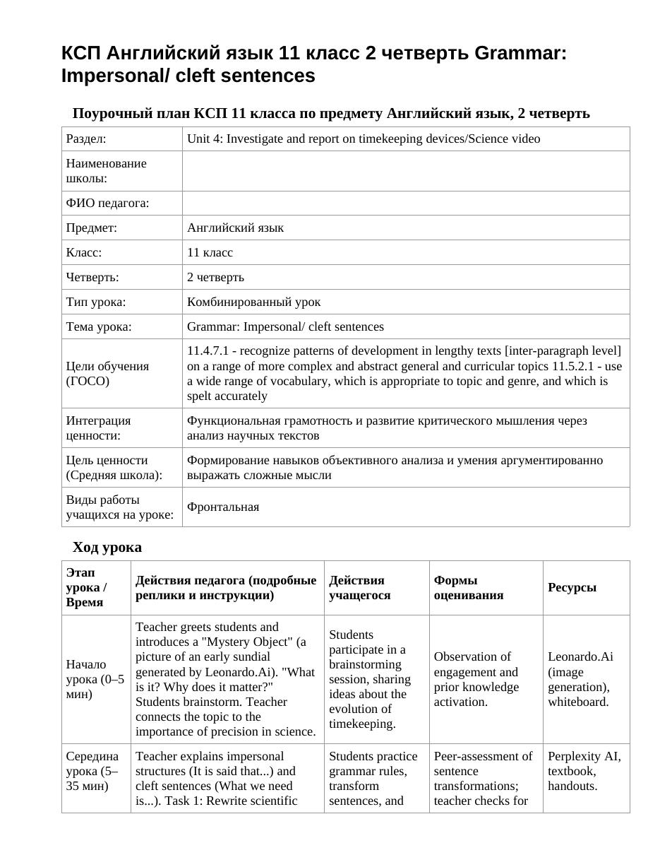 КСП Английский язык 11 класс 2 четверть Grammar: Impersonal/ cleft sentences