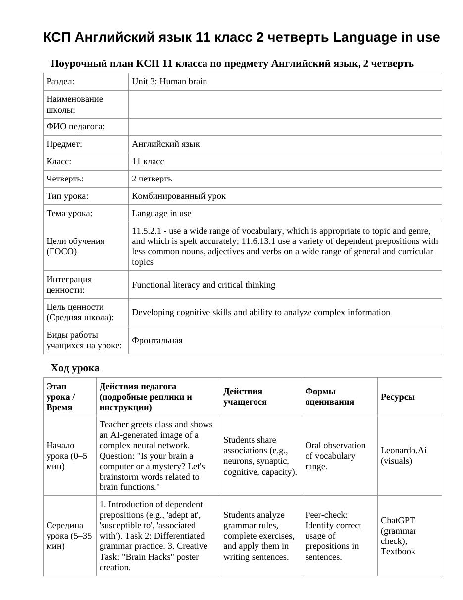 КСП Английский язык 11 класс 2 четверть Language in use