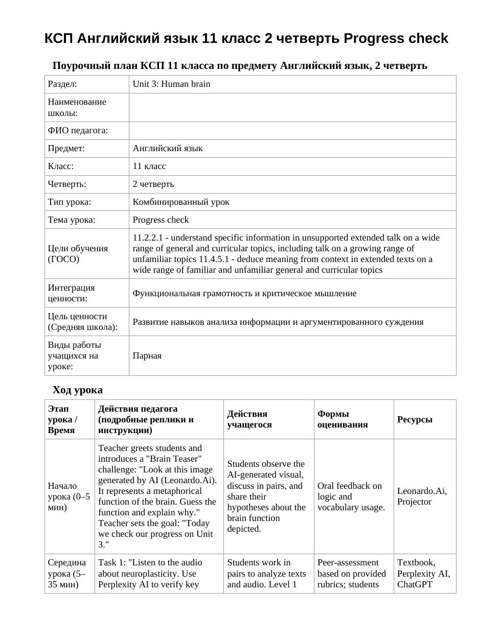 КСП Английский язык 11 класс 2 четверть Progress check
