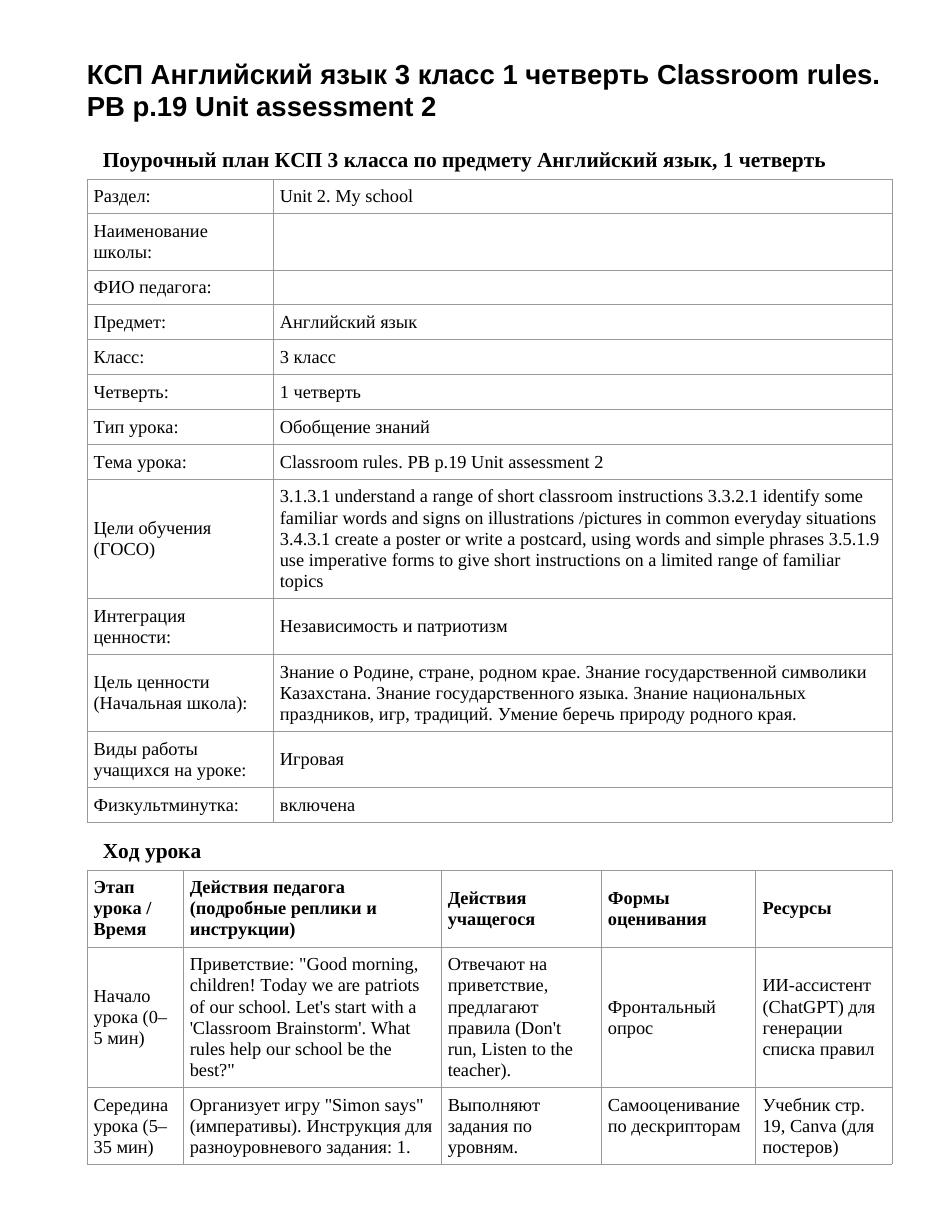 КСП Английский язык 3 класс 1 четверть Classroom rules. PB p.19 Unit assessment 2