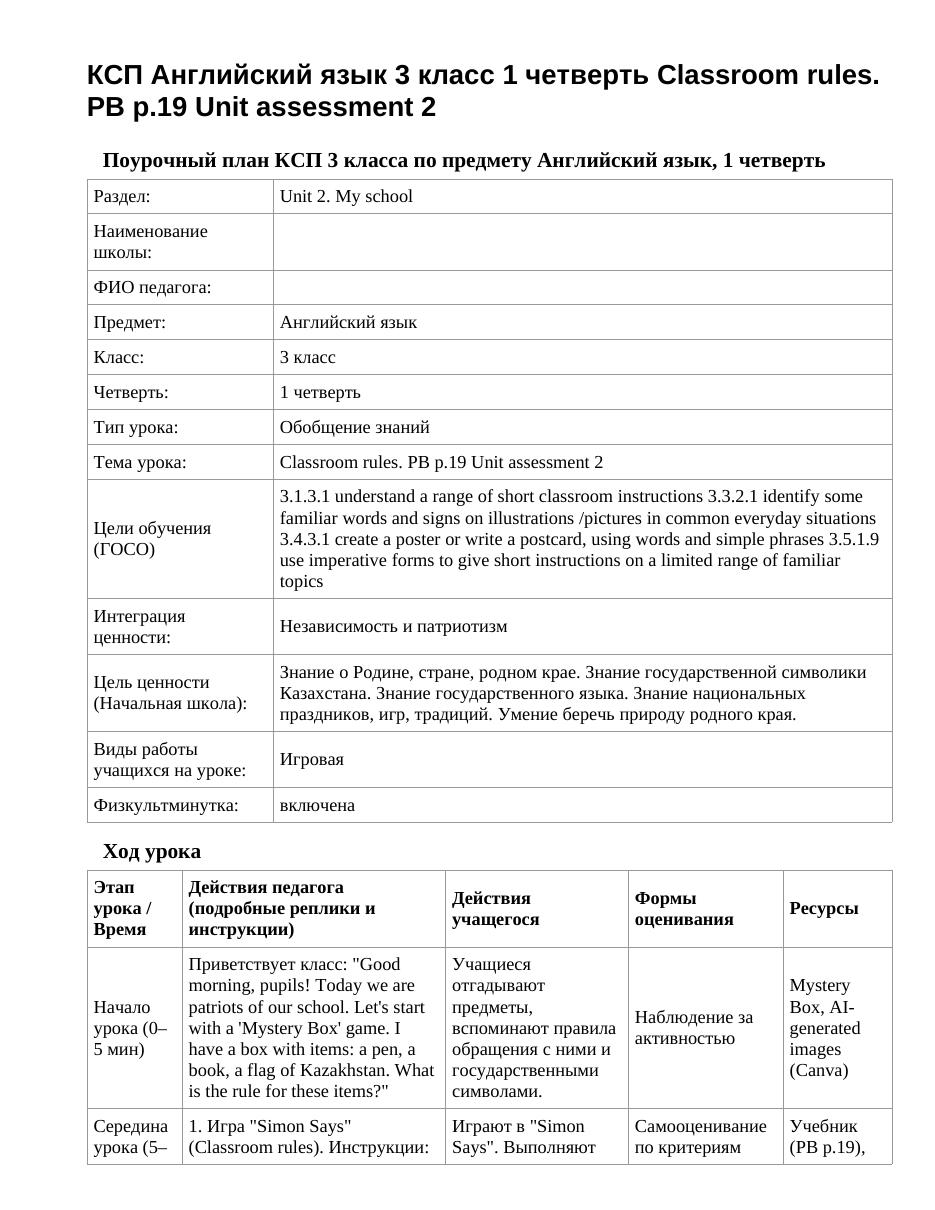 КСП Английский язык 3 класс 1 четверть Classroom rules. PB p.19 Unit assessment 2
