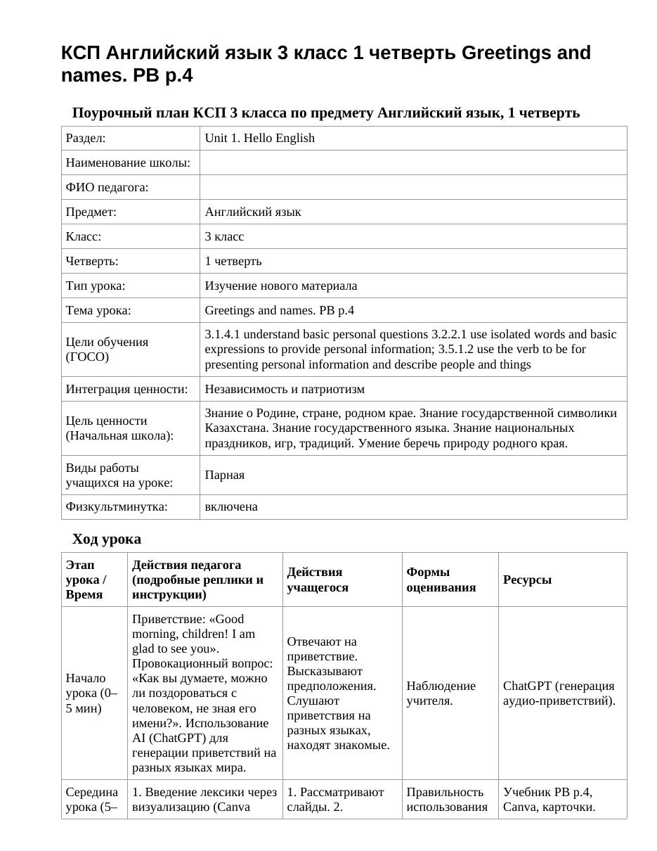 КСП Английский язык 3 класс 1 четверть Greetings and names. PB p.4