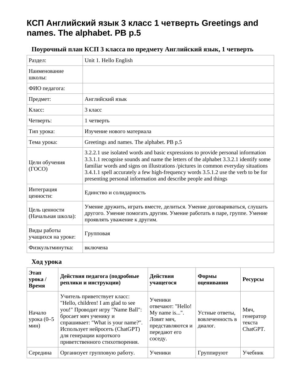 КСП Английский язык 3 класс 1 четверть Greetings and names. The alphabet. PB p.5