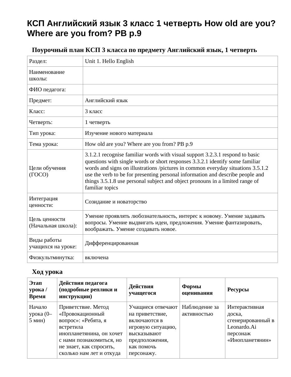 КСП Английский язык 3 класс 1 четверть How old are you? Where are you from? PB p.9