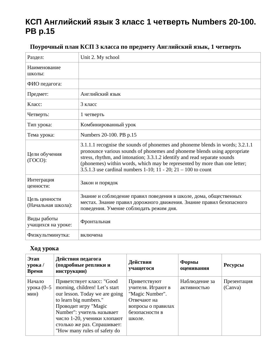 КСП Английский язык 3 класс 1 четверть Numbers 20-100. PB p.15