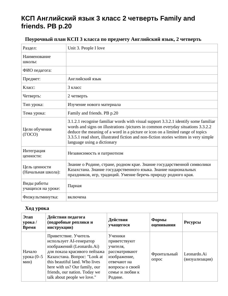КСП Английский язык 3 класс 2 четверть Family and friends. PB p.20
