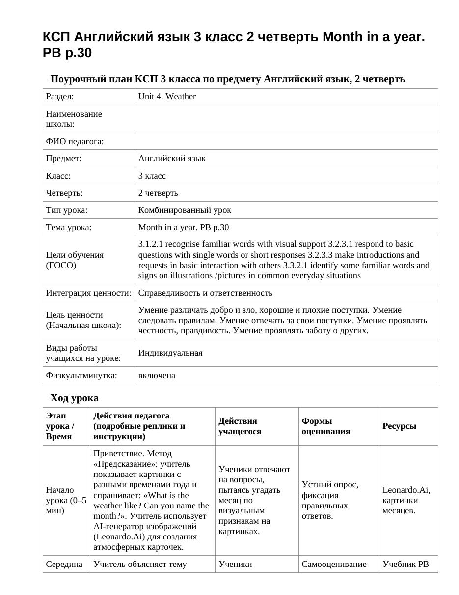 КСП Английский язык 3 класс 2 четверть Month in a year. PB p.30
