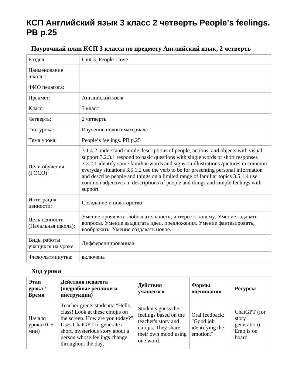 КСП Английский язык 3 класс 2 четверть People’s feelings. PB p.25