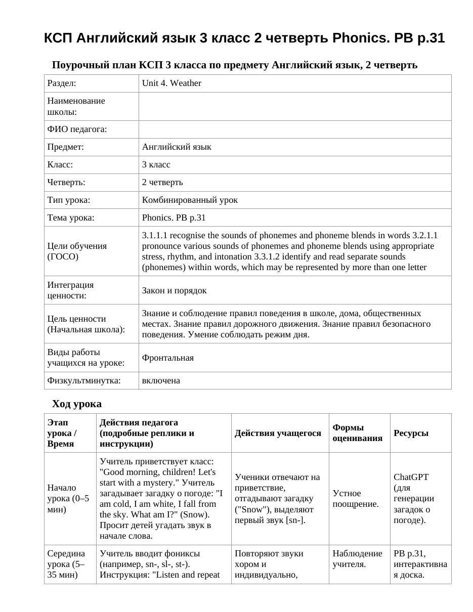 КСП Английский язык 3 класс 2 четверть Phonics. PB p.31
