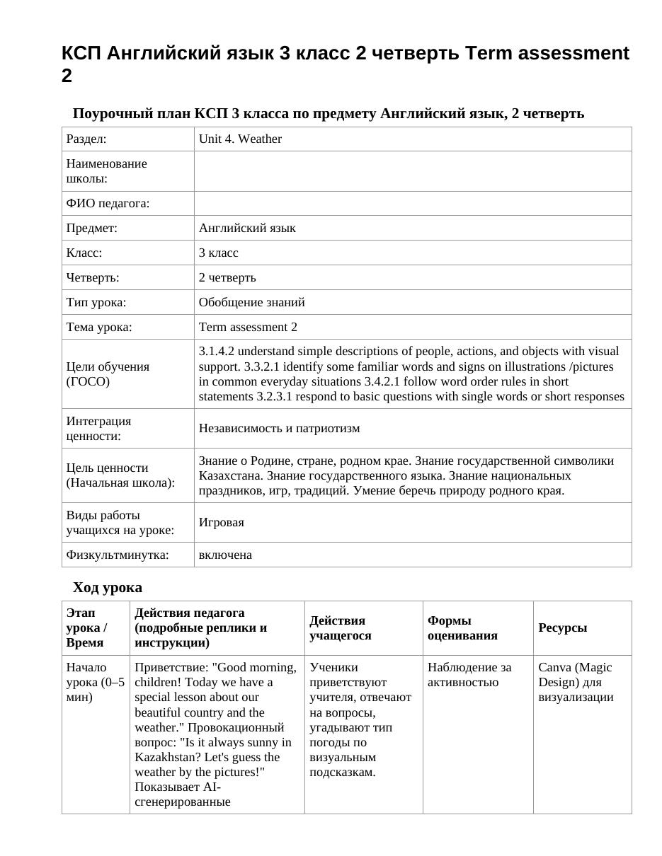КСП Английский язык 3 класс 2 четверть Term assessment 2