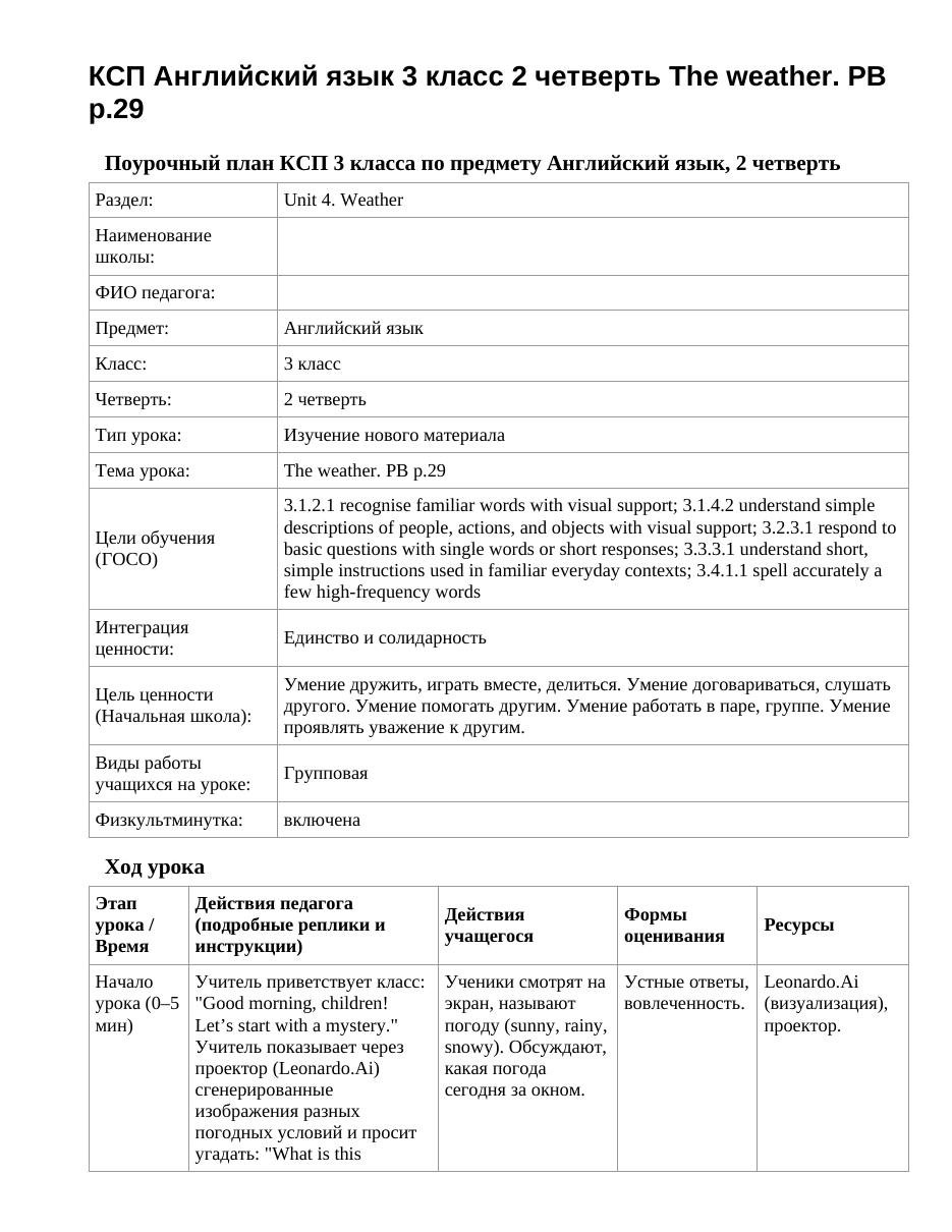 КСП Английский язык 3 класс 2 четверть The weather. PB p.29