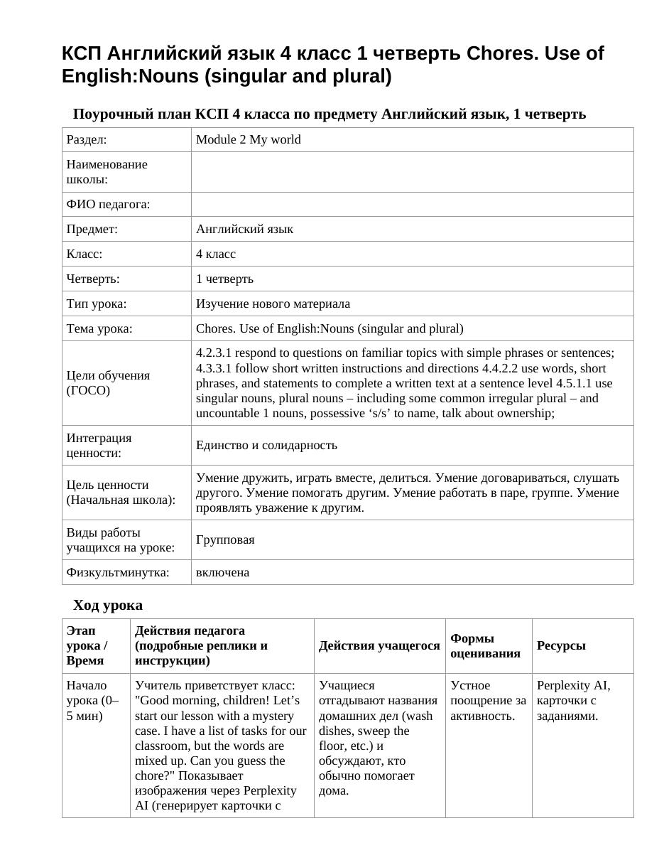 КСП Английский язык 4 класс 1 четверть Chores. Use of English:Nouns (singular and plural)