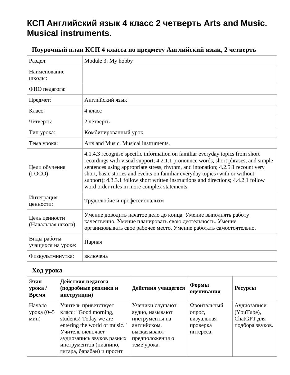 КСП Английский язык 4 класс 2 четверть Arts and Music. Musical instruments.