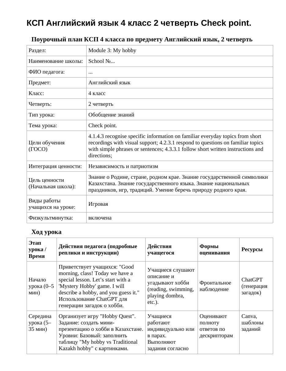 КСП Английский язык 4 класс 2 четверть Check point.