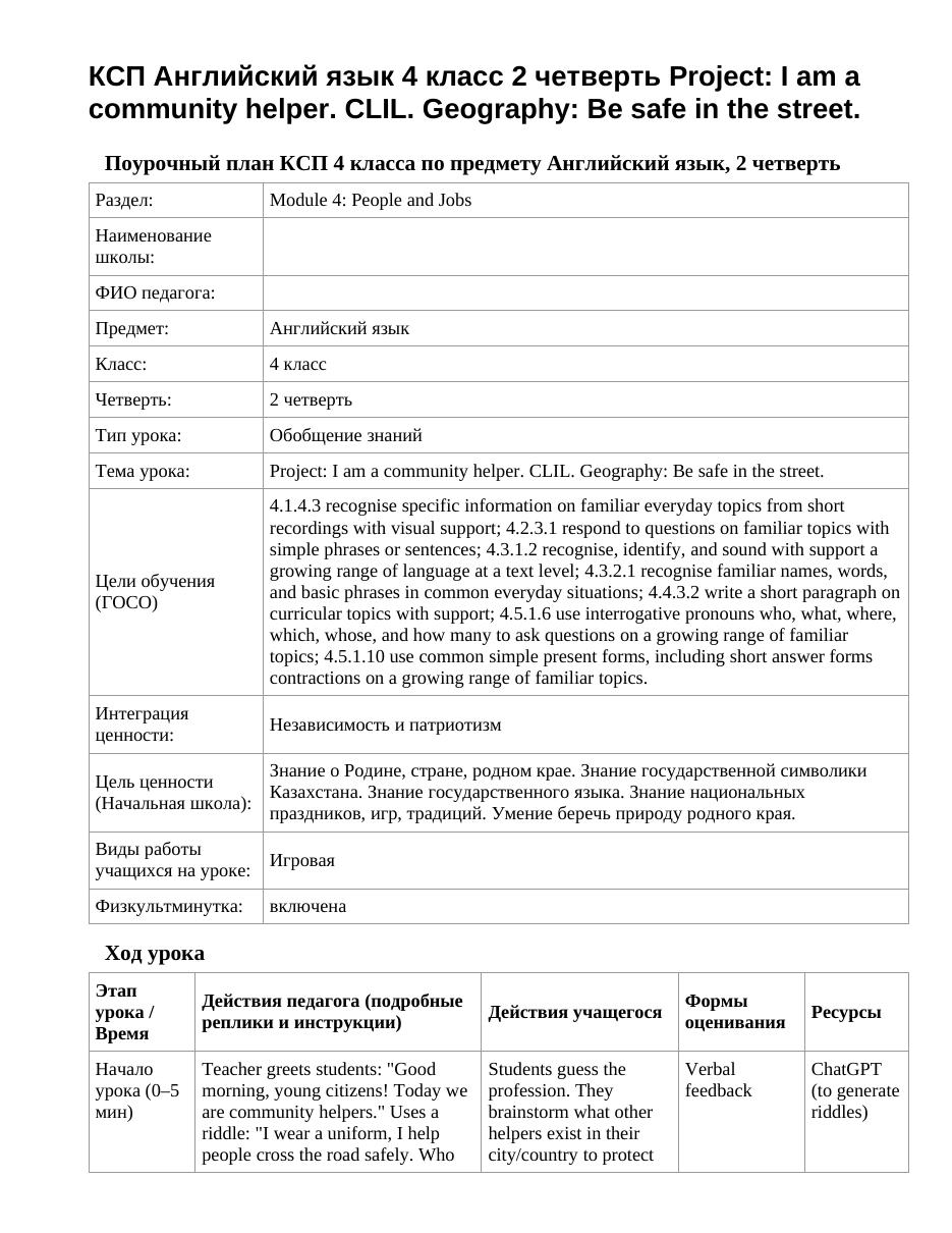 КСП Английский язык 4 класс 2 четверть Project: I am a community helper. CLIL. Geography: Be safe in the street.