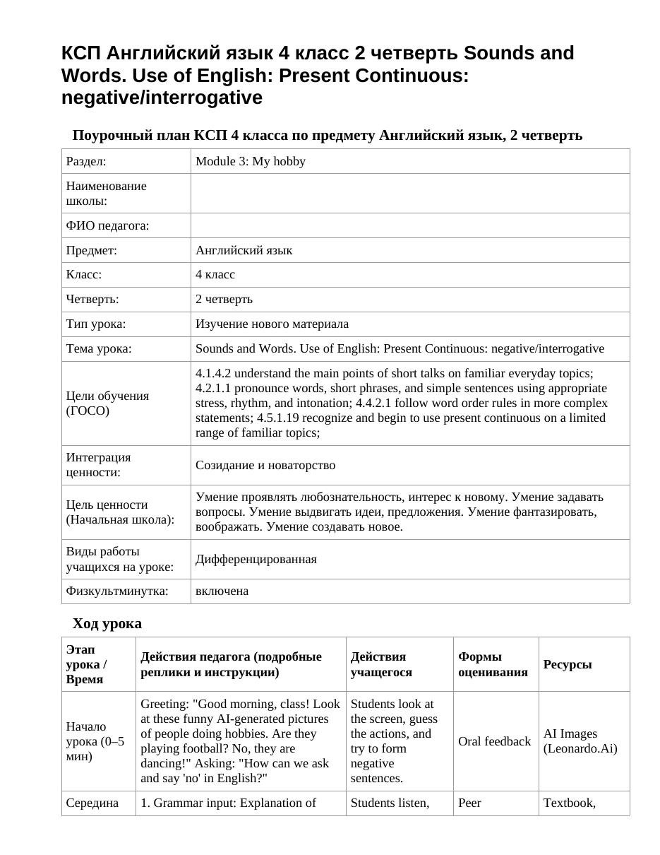 КСП Английский язык 4 класс 2 четверть Sounds and Words. Use of English: Present Continuous: negative/interrogative