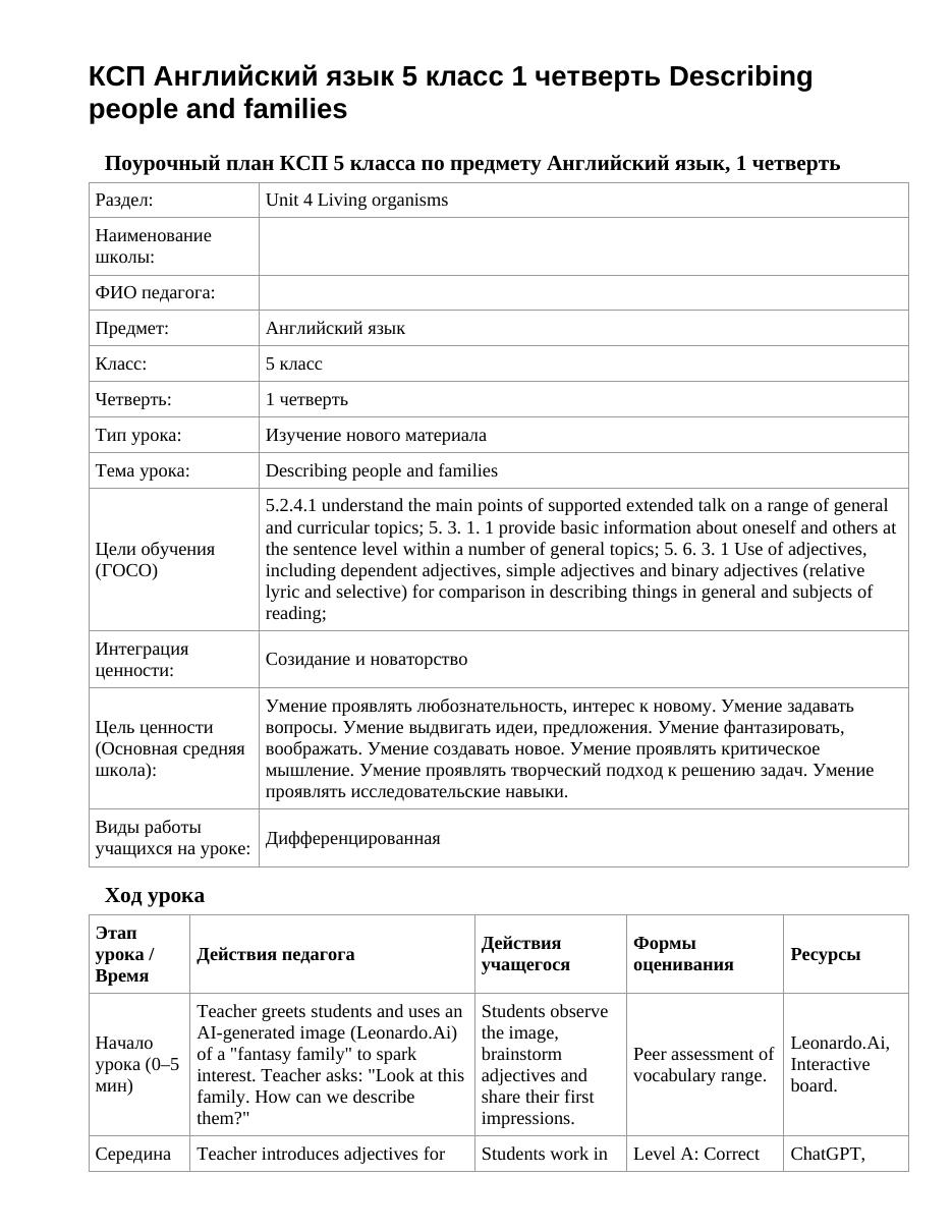 КСП Английский язык 5 класс 1 четверть Describing people and families