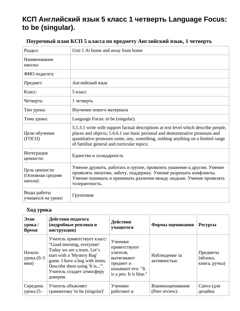 КСП Английский язык 5 класс 1 четверть Language Focus: to be (singular).