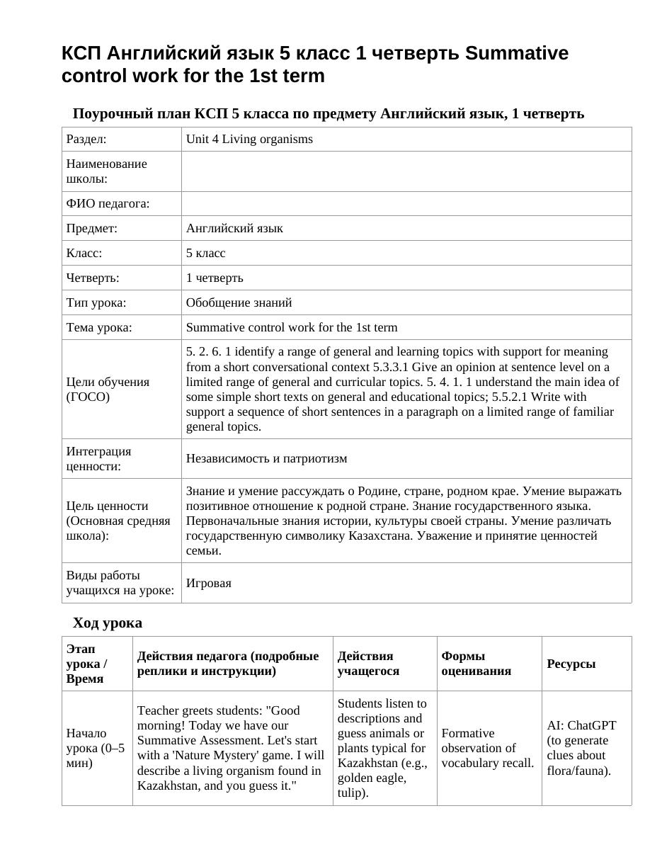 КСП Английский язык 5 класс 1 четверть Summative control work for the 1st term