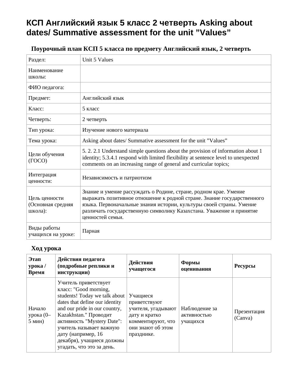 КСП Английский язык 5 класс 2 четверть Asking about dates/ Summative assessment for the unit ”Values”