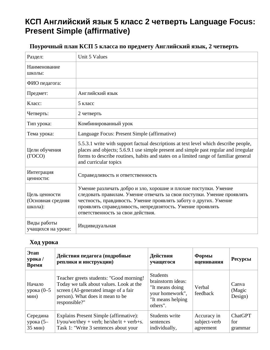КСП Английский язык 5 класс 2 четверть Language Focus: Present Simple (affirmative)