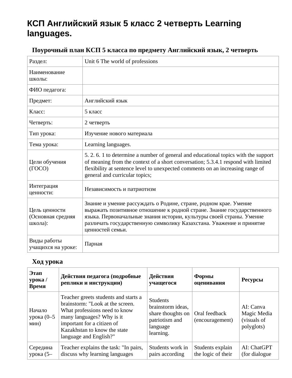 КСП Английский язык 5 класс 2 четверть Learning languages.