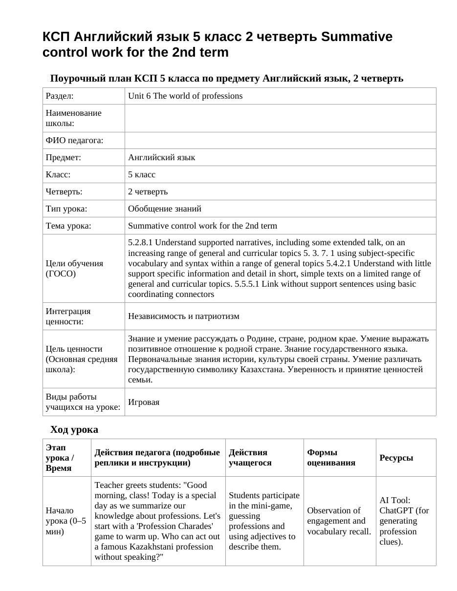КСП Английский язык 5 класс 2 четверть Summative control work for the 2nd term