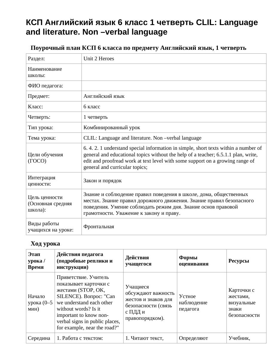 КСП Английский язык 6 класс 1 четверть CLIL: Language and literature. Non –verbal language